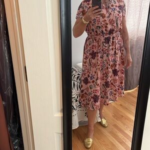 Jcrew pink floral cap sleeve tie neck dress size L